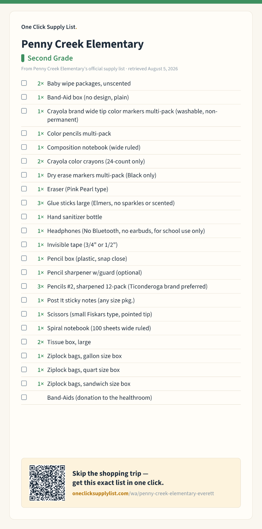 Penny Creek Elementary Second Grade supply list — printable image