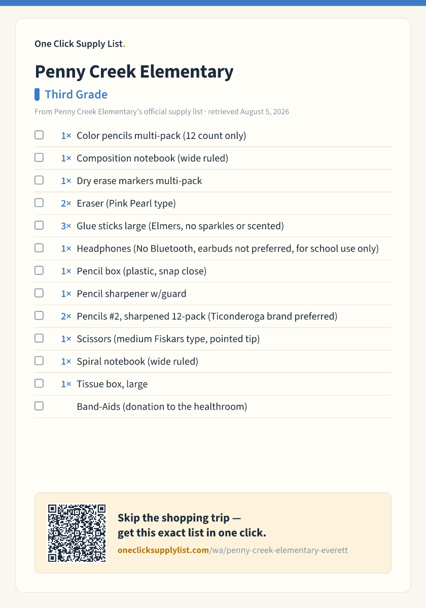 Penny Creek Elementary Third Grade supply list — printable image