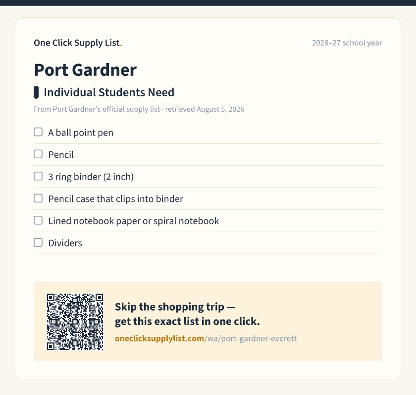 Port Gardner Individual Students Need supply list — printable image