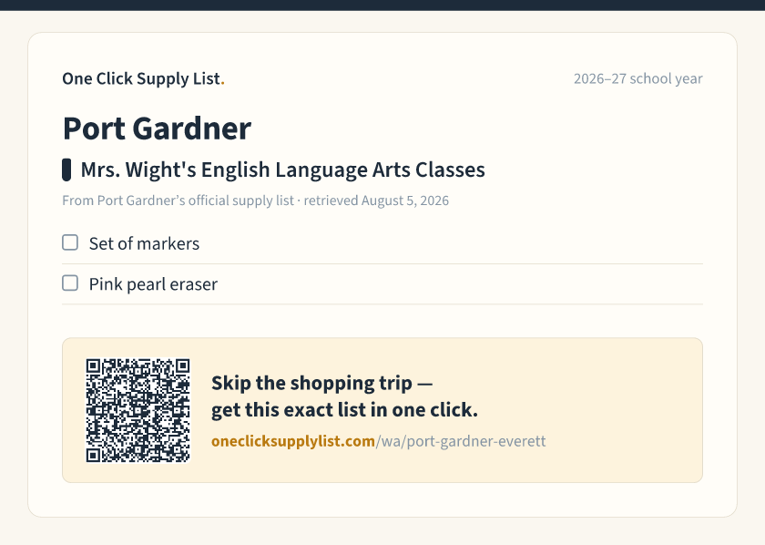 Port Gardner Mrs. Wight's English Language Arts Classes supply list — printable image