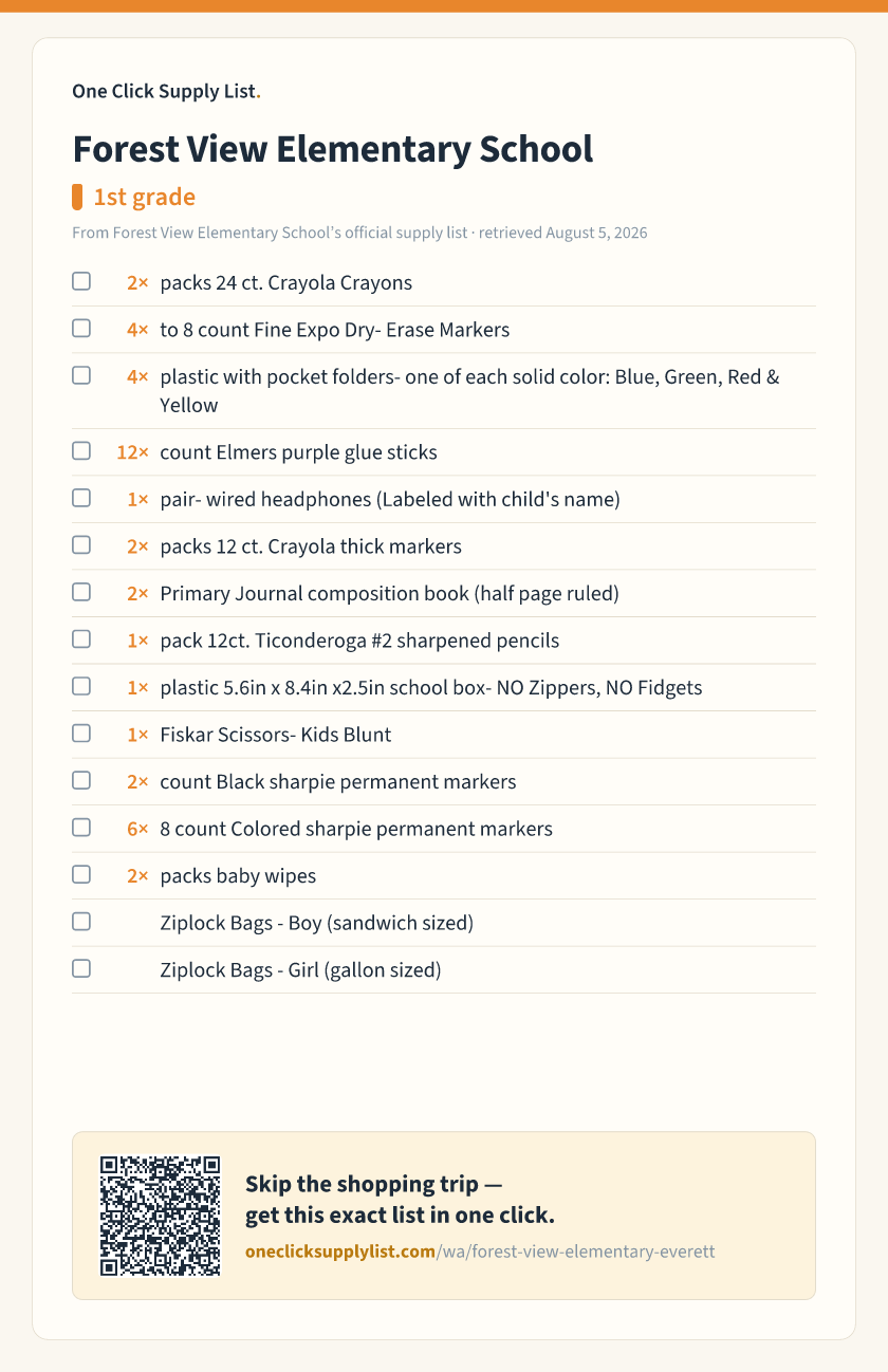 Forest View Elementary School 1st grade supply list — printable image