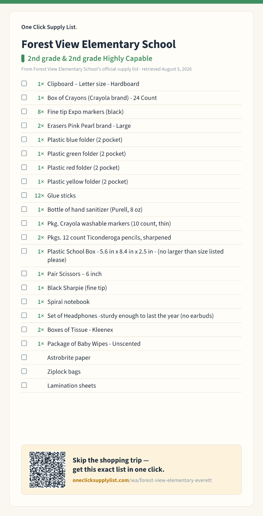 Forest View Elementary School 2nd grade & 2nd grade Highly Capable supply list — printable image