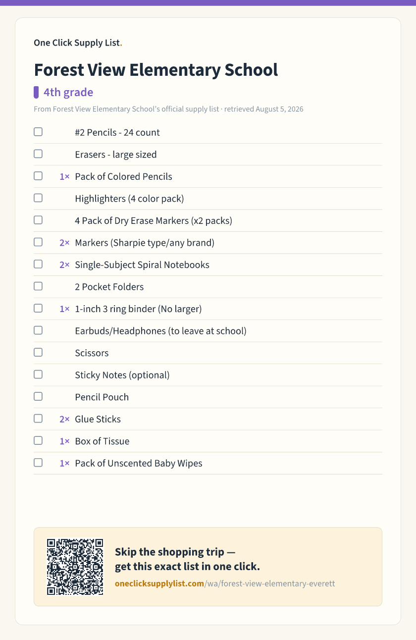 Forest View Elementary School 4th grade supply list — printable image