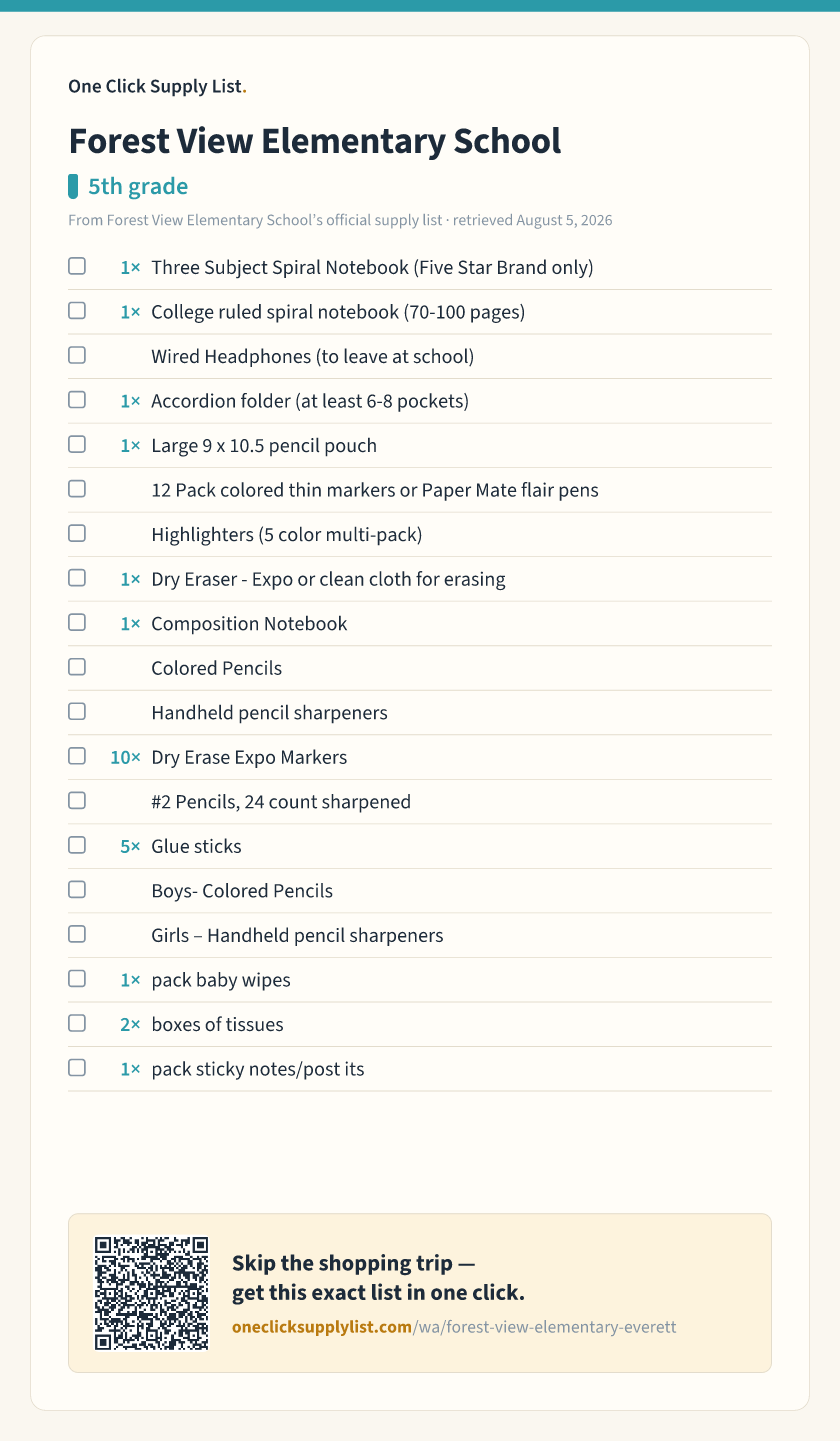 Forest View Elementary School 5th grade supply list — printable image