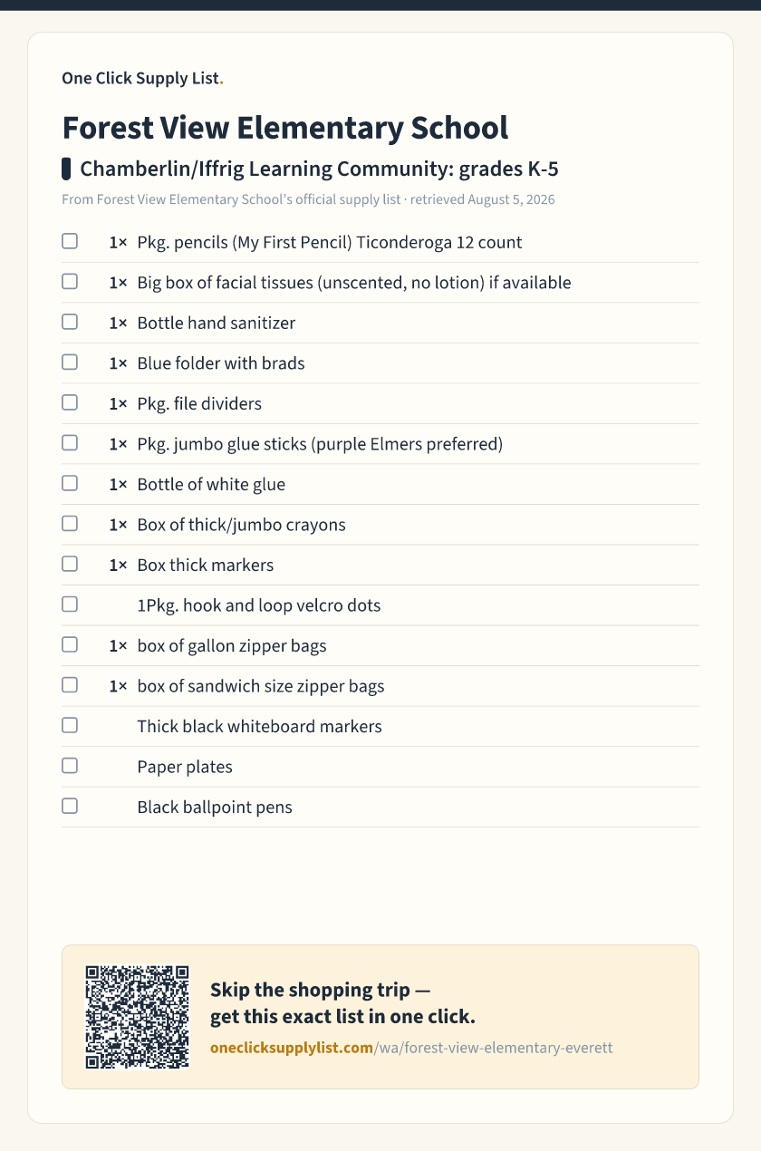 Forest View Elementary School Chamberlin/Iffrig Learning Community: grades K-5 supply list — printable image