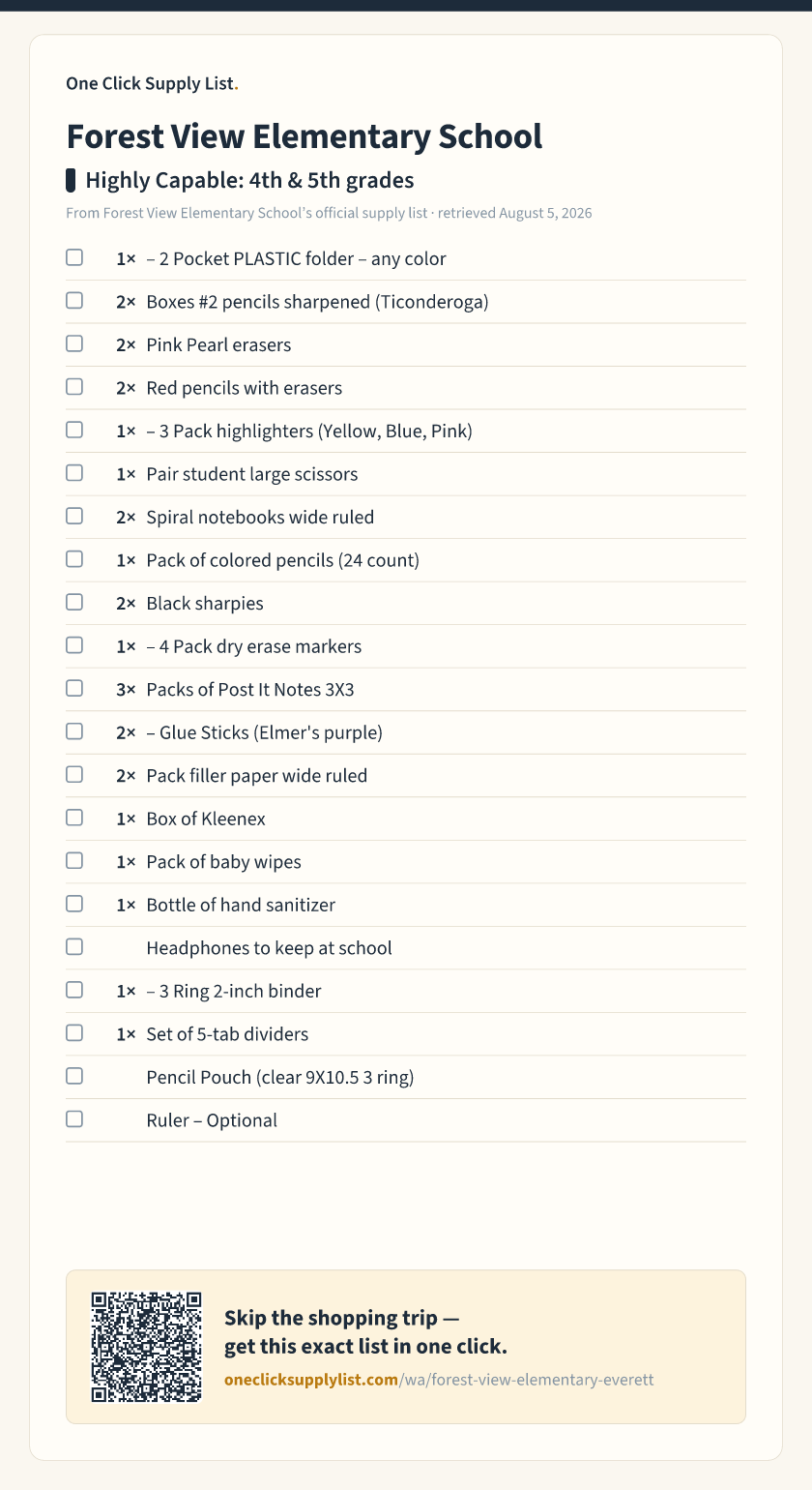 Forest View Elementary School Highly Capable: 4th & 5th grades supply list — printable image
