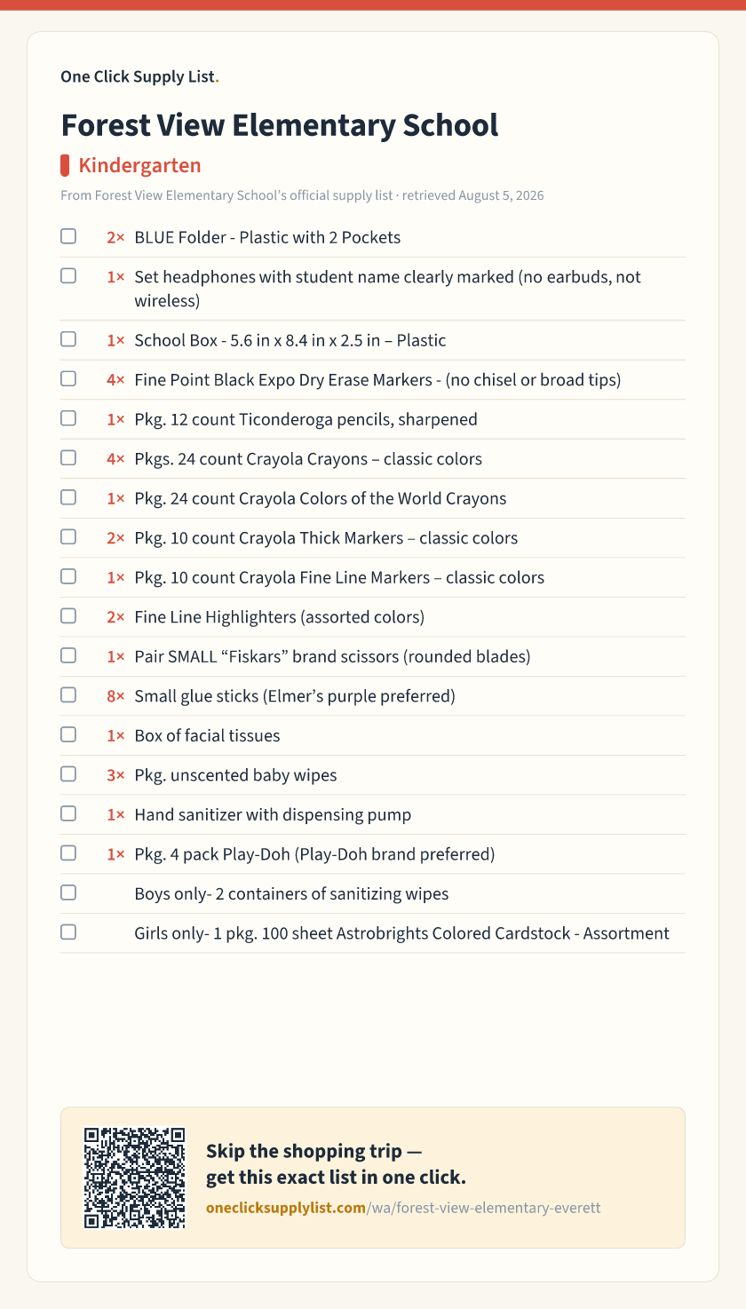 Forest View Elementary School Kindergarten supply list — printable image