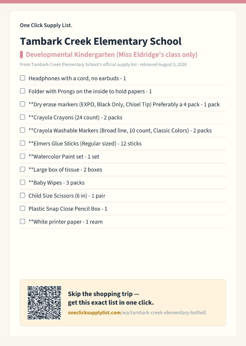 Tambark Creek Elementary School Developmental Kindergarten (Miss Eldridge's class only) supply list — printable image