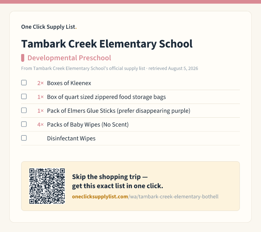 Tambark Creek Elementary School Developmental Preschool supply list — printable image