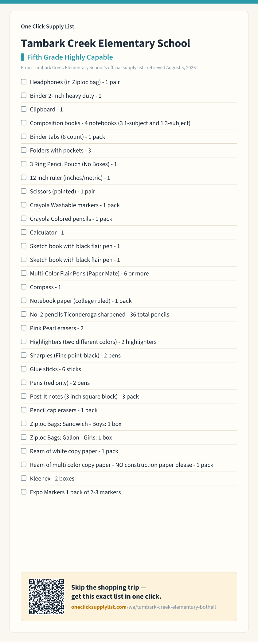 Tambark Creek Elementary School Fifth Grade Highly Capable supply list — printable image