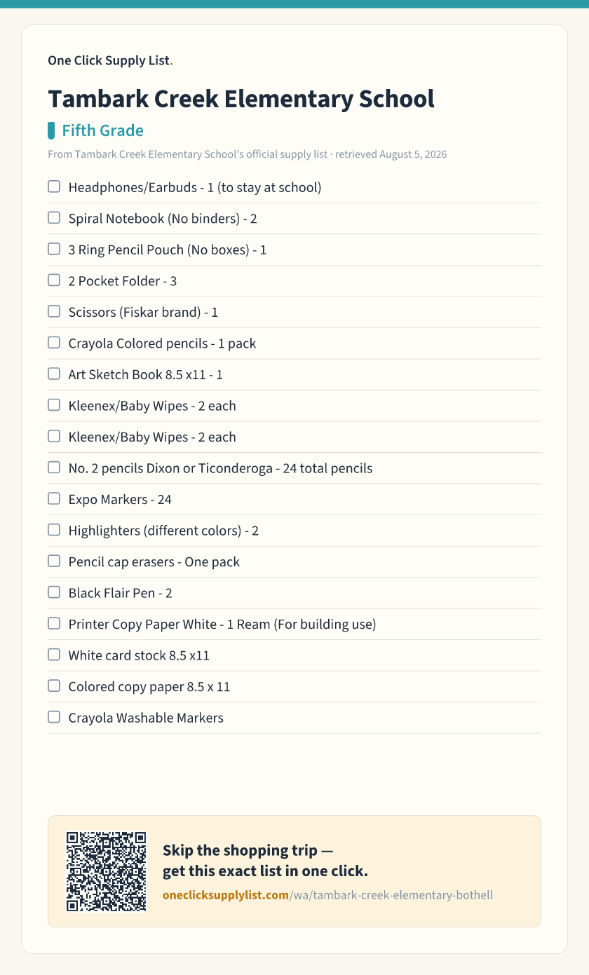 Tambark Creek Elementary School Fifth Grade supply list — printable image