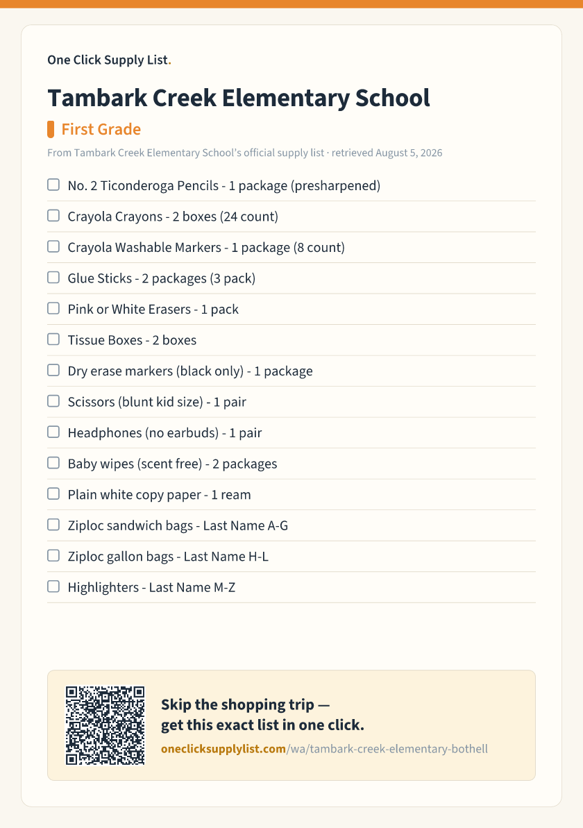 Tambark Creek Elementary School First Grade supply list — printable image