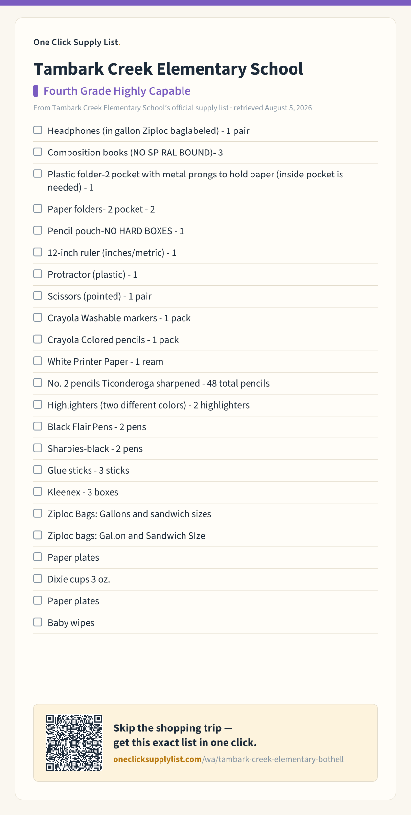 Tambark Creek Elementary School Fourth Grade Highly Capable supply list — printable image