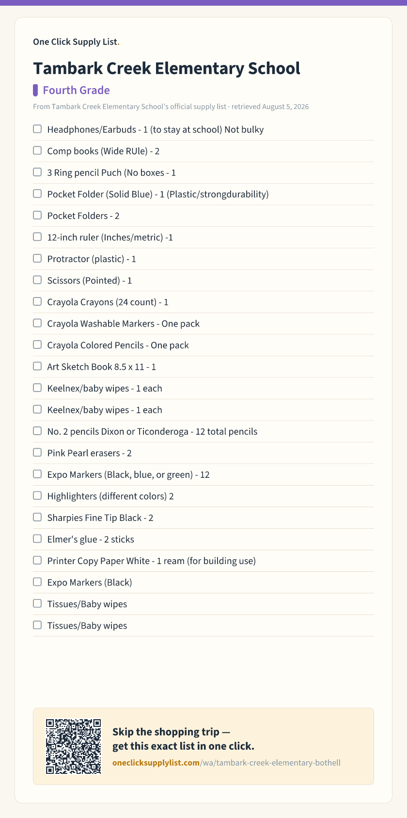 Tambark Creek Elementary School Fourth Grade supply list — printable image