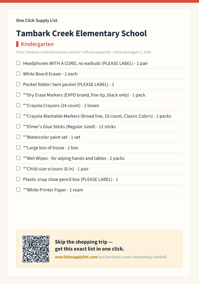 Tambark Creek Elementary School Kindergarten supply list — printable image