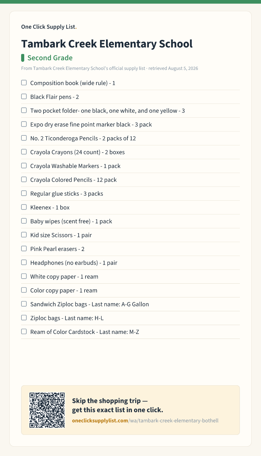 Tambark Creek Elementary School Second Grade supply list — printable image