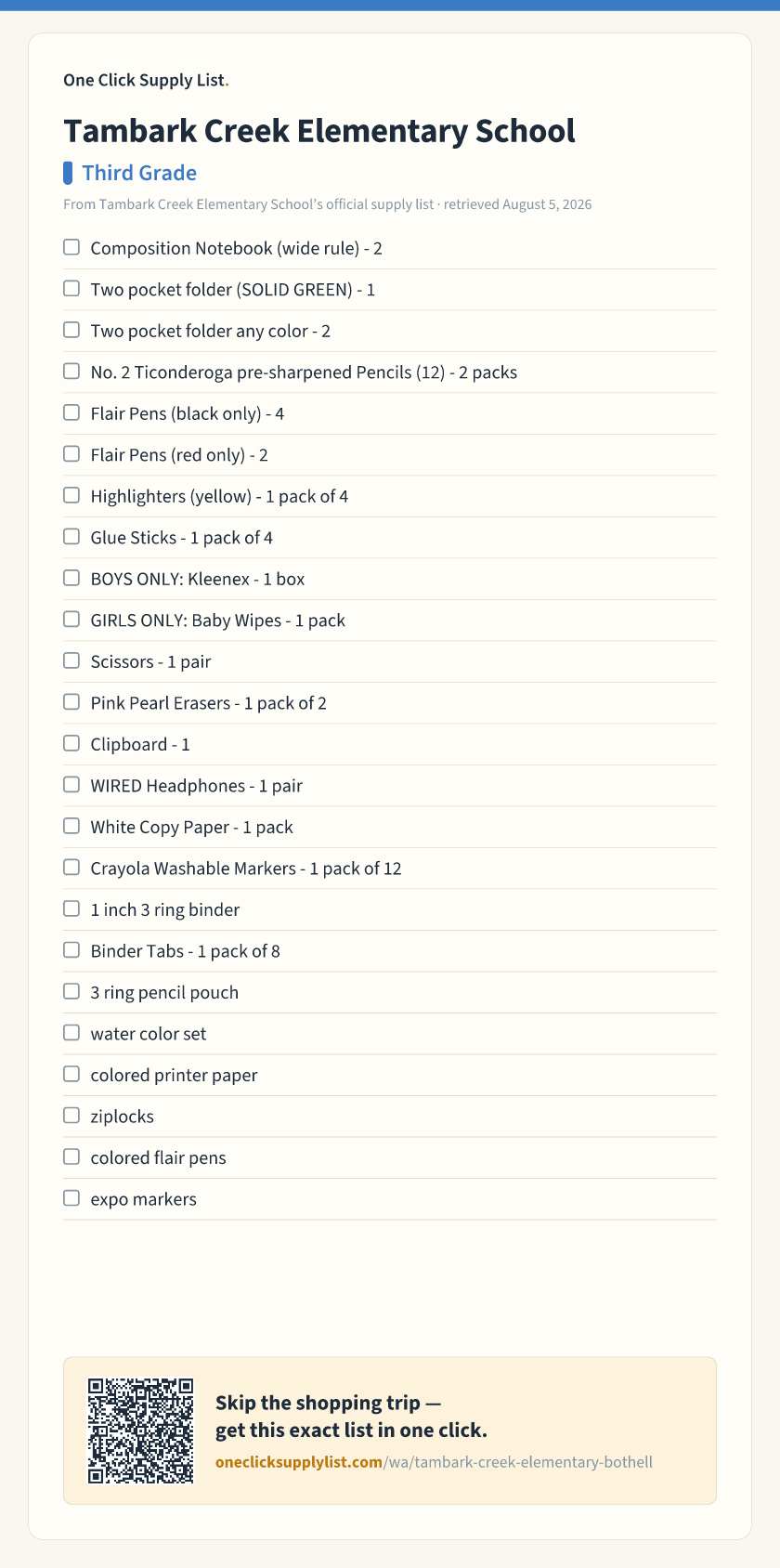 Tambark Creek Elementary School Third Grade supply list — printable image