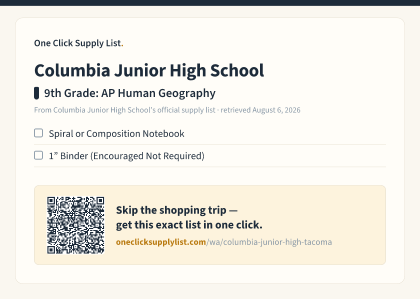 Columbia Junior High School 9th Grade: AP Human Geography supply list — printable image