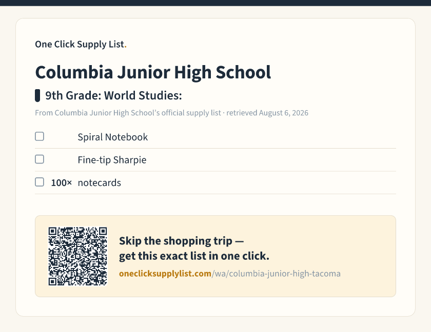 Columbia Junior High School 9th Grade: World Studies: supply list — printable image