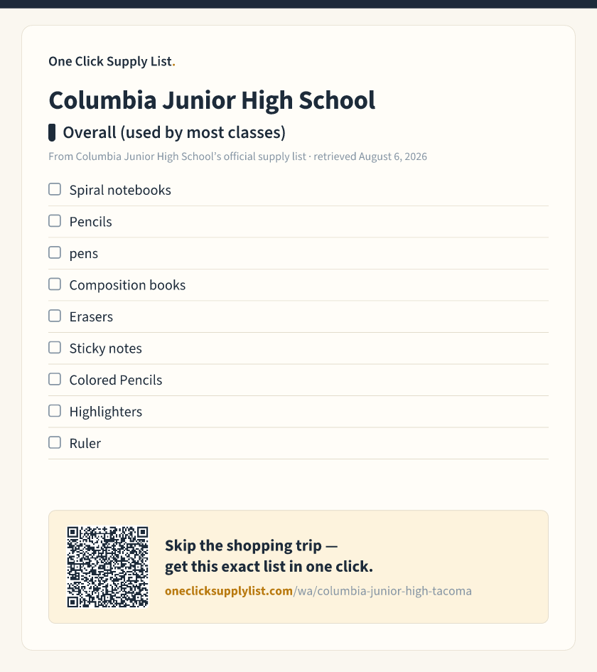 Columbia Junior High School Overall (used by most classes) supply list — printable image
