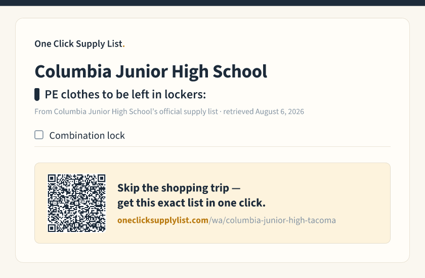 Columbia Junior High School PE clothes to be left in lockers: supply list — printable image