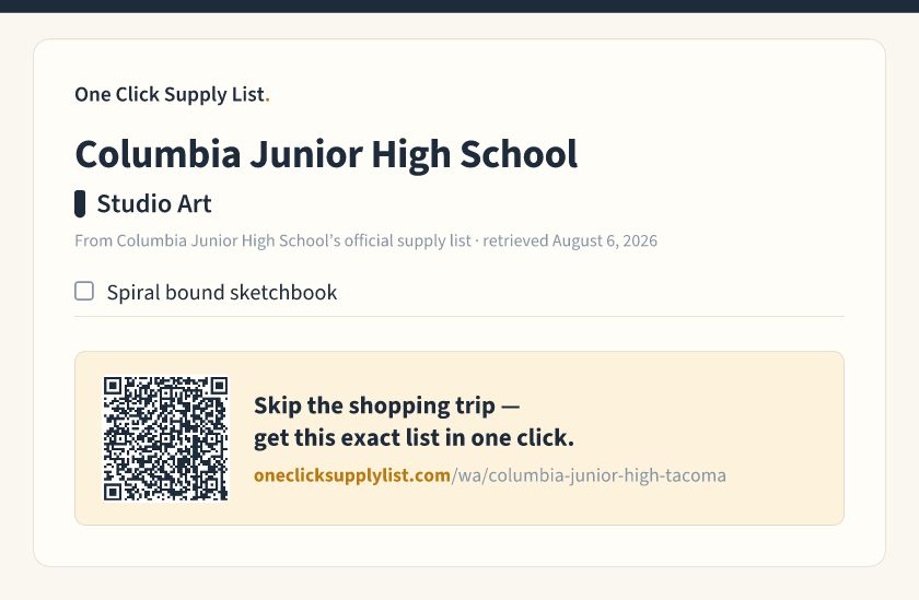 Columbia Junior High School Studio Art supply list — printable image