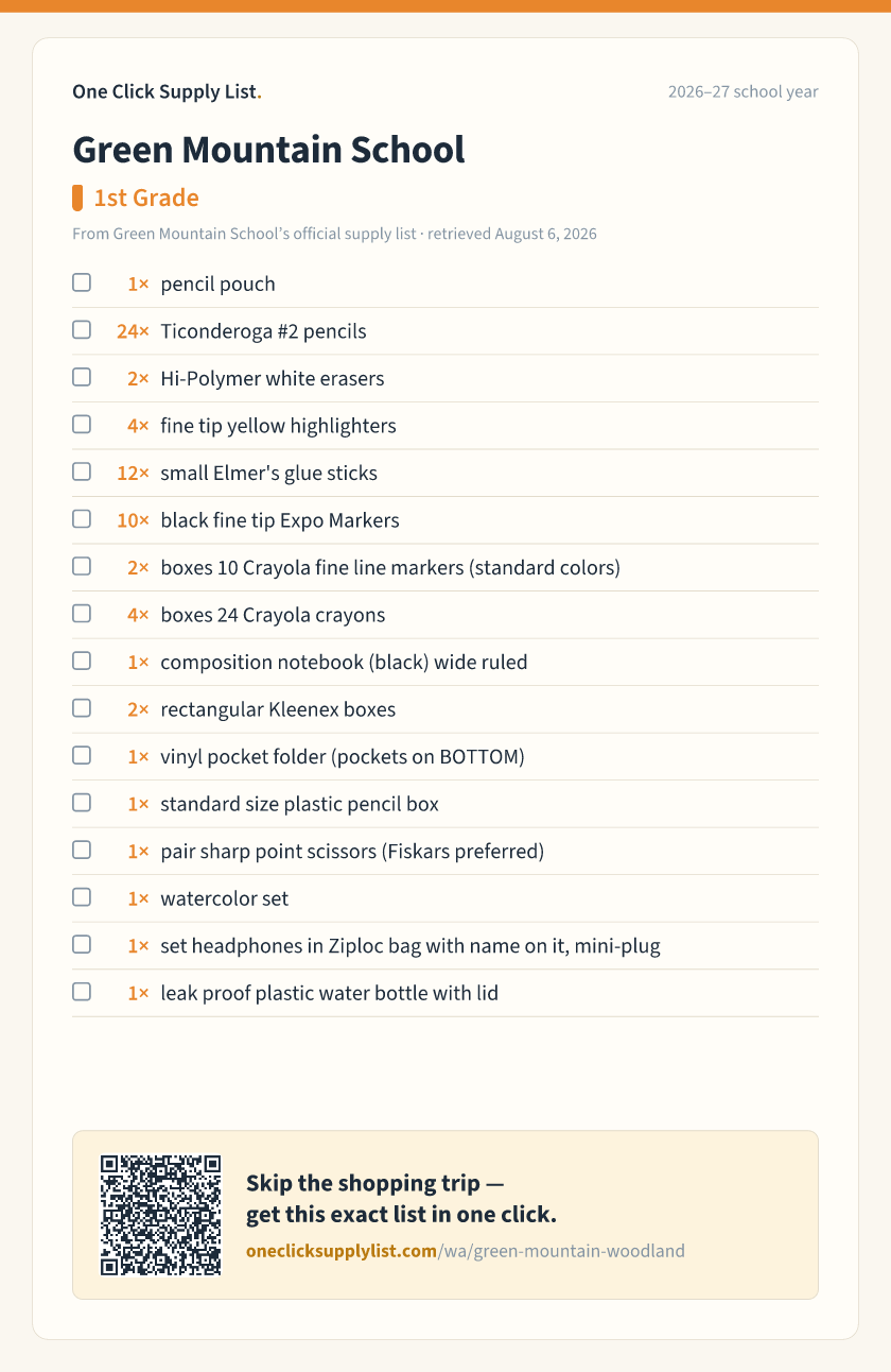 Green Mountain School 1st Grade supply list — printable image