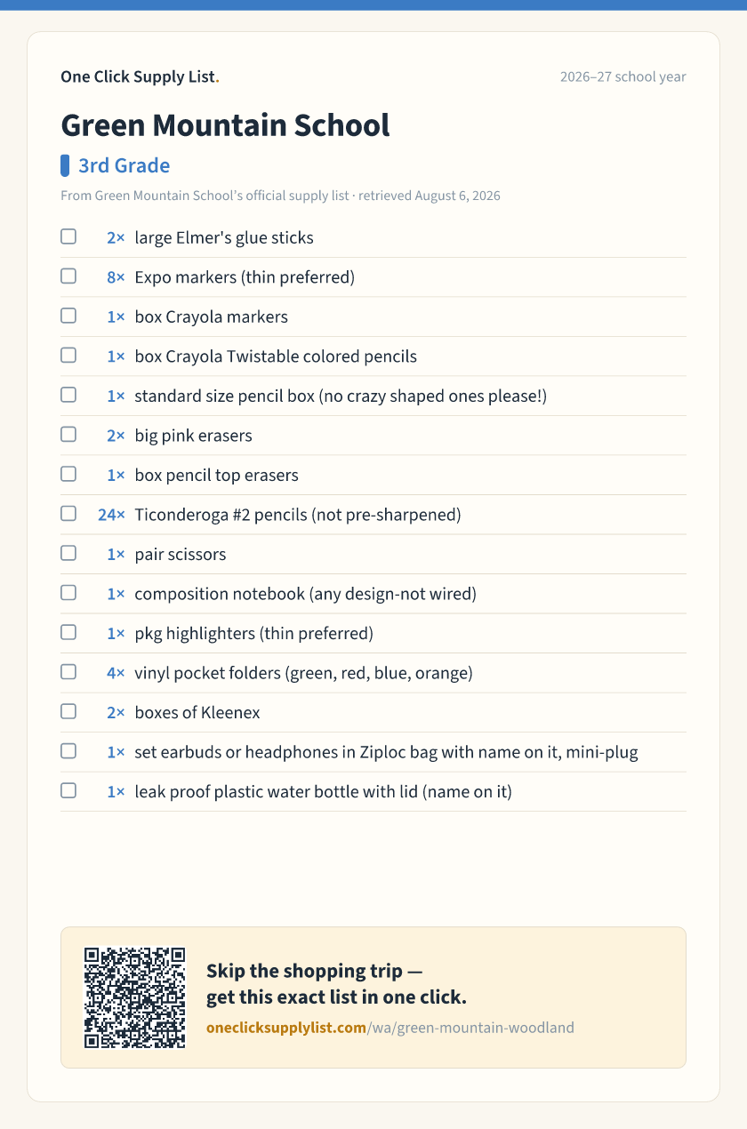 Green Mountain School 3rd Grade supply list — printable image