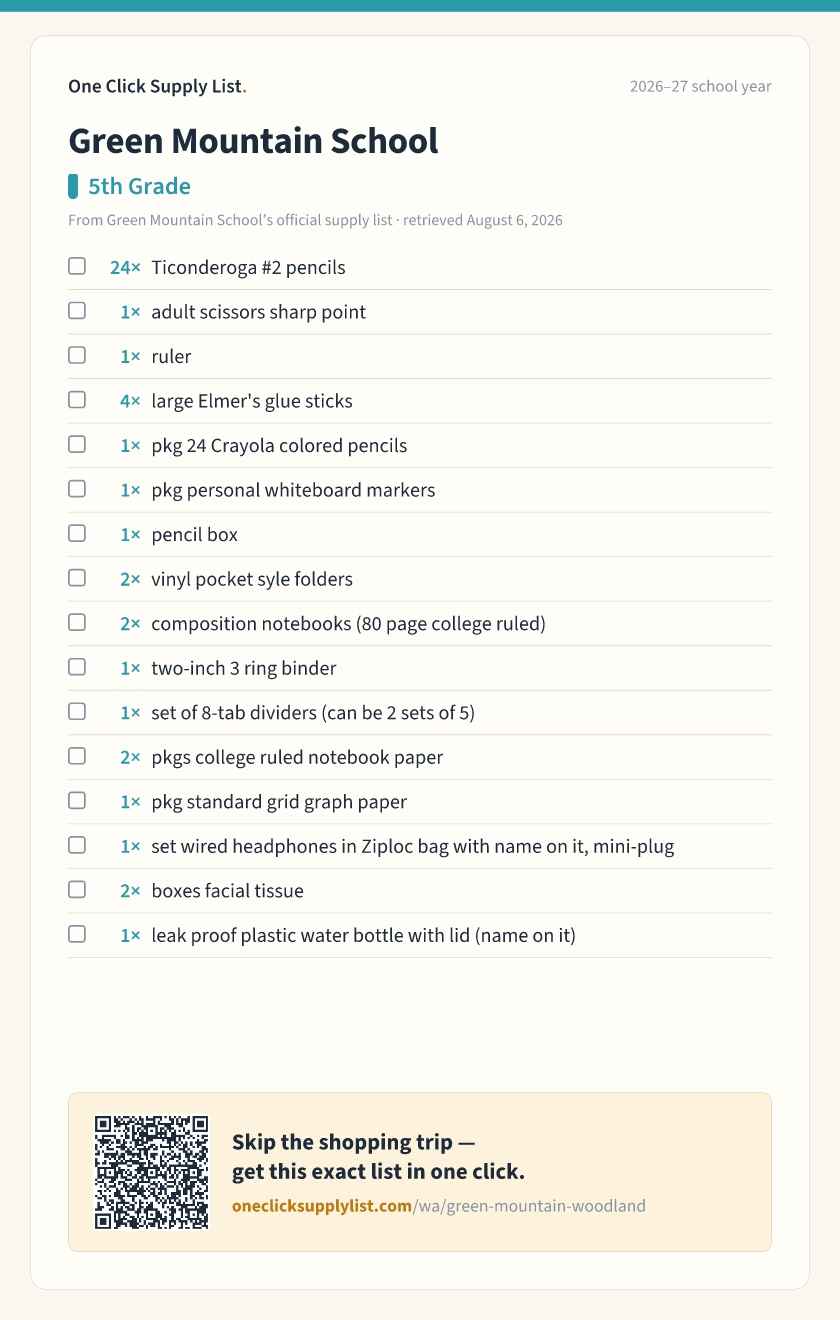 Green Mountain School 5th Grade supply list — printable image