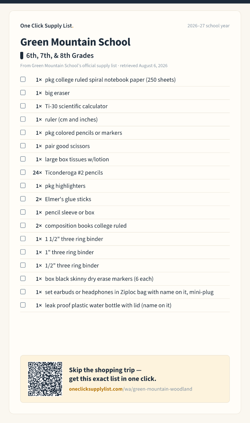 Green Mountain School 6th, 7th, & 8th Grades supply list — printable image
