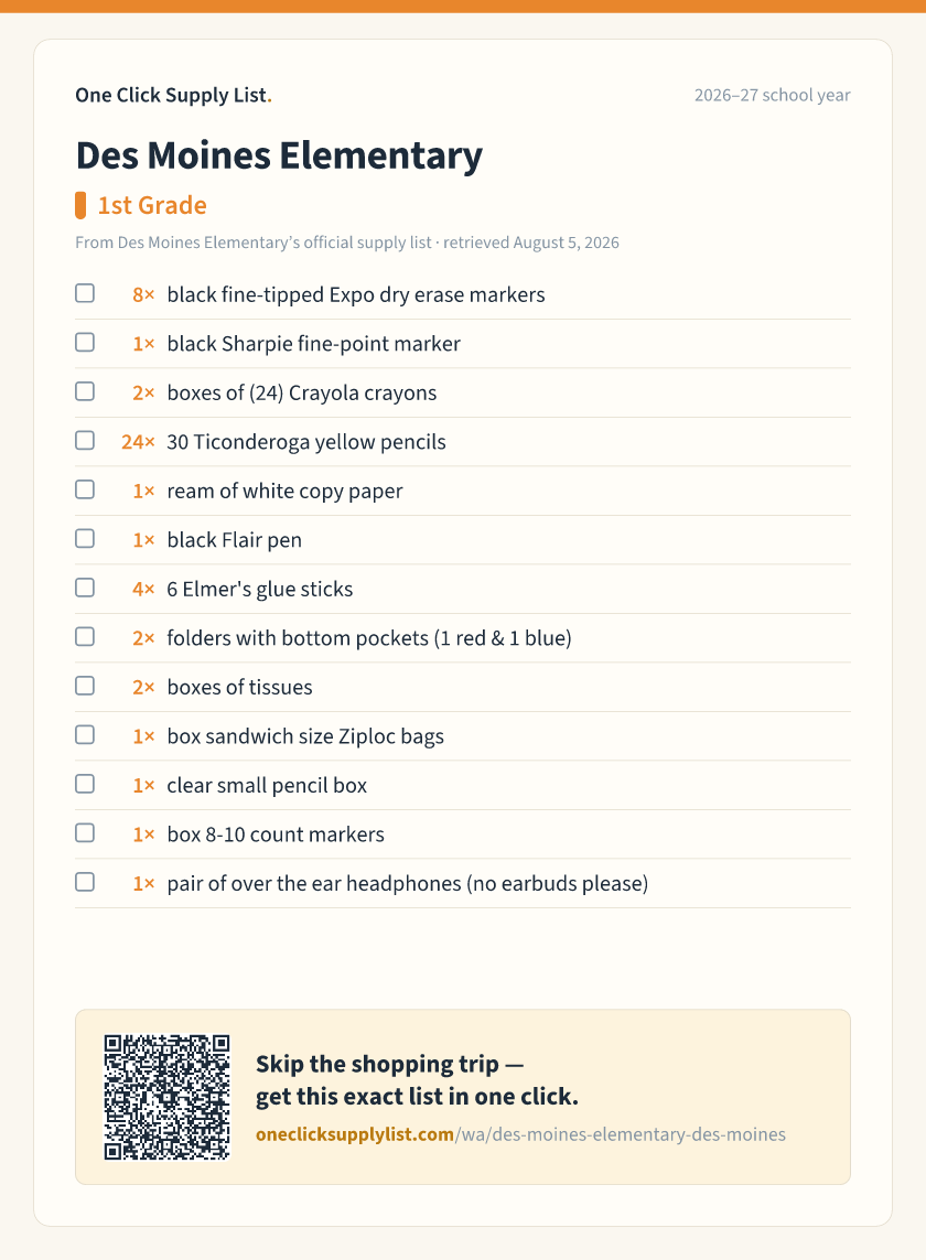 Des Moines Elementary 1st Grade supply list — printable image
