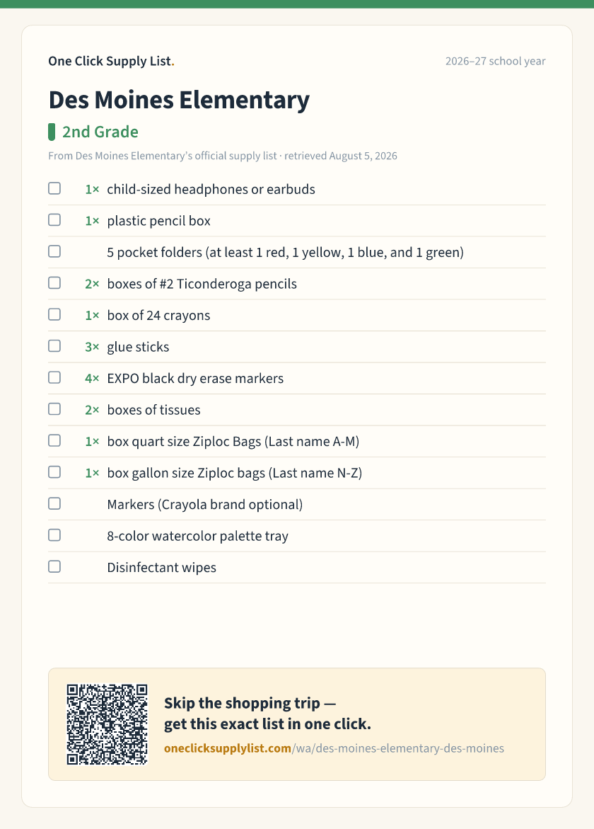 Des Moines Elementary 2nd Grade supply list — printable image
