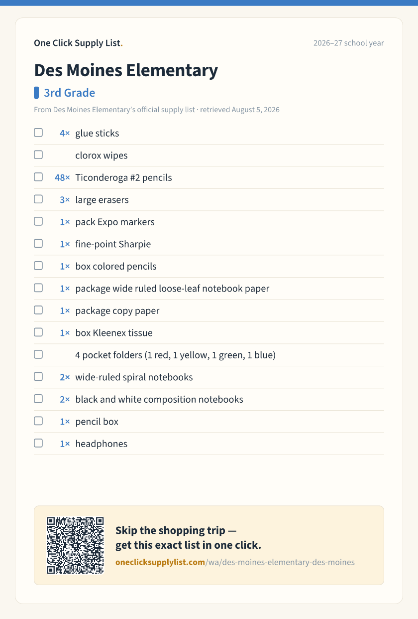 Des Moines Elementary 3rd Grade supply list — printable image