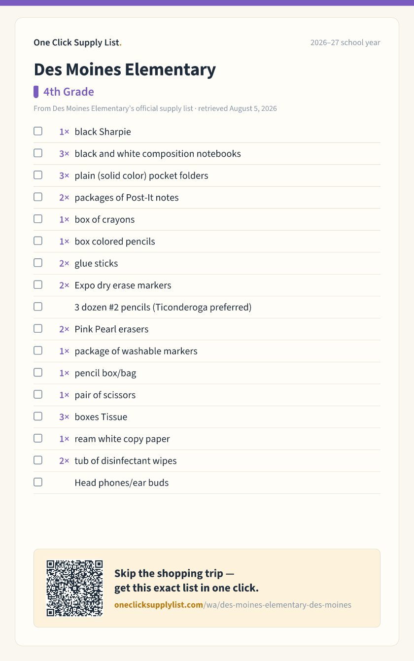 Des Moines Elementary 4th Grade supply list — printable image
