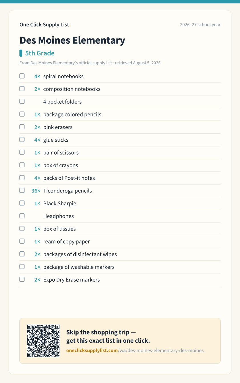 Des Moines Elementary 5th Grade supply list — printable image