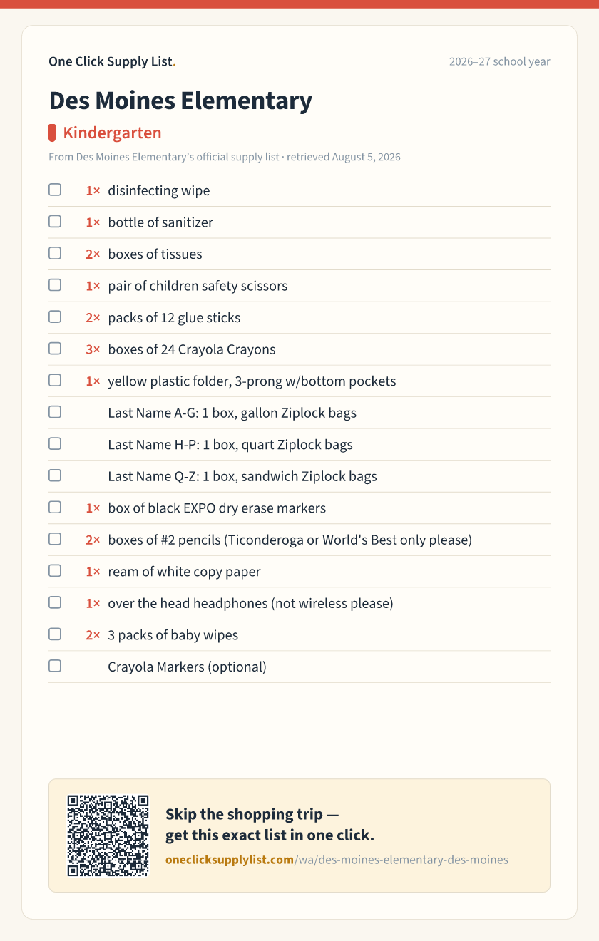 Des Moines Elementary Kindergarten supply list — printable image
