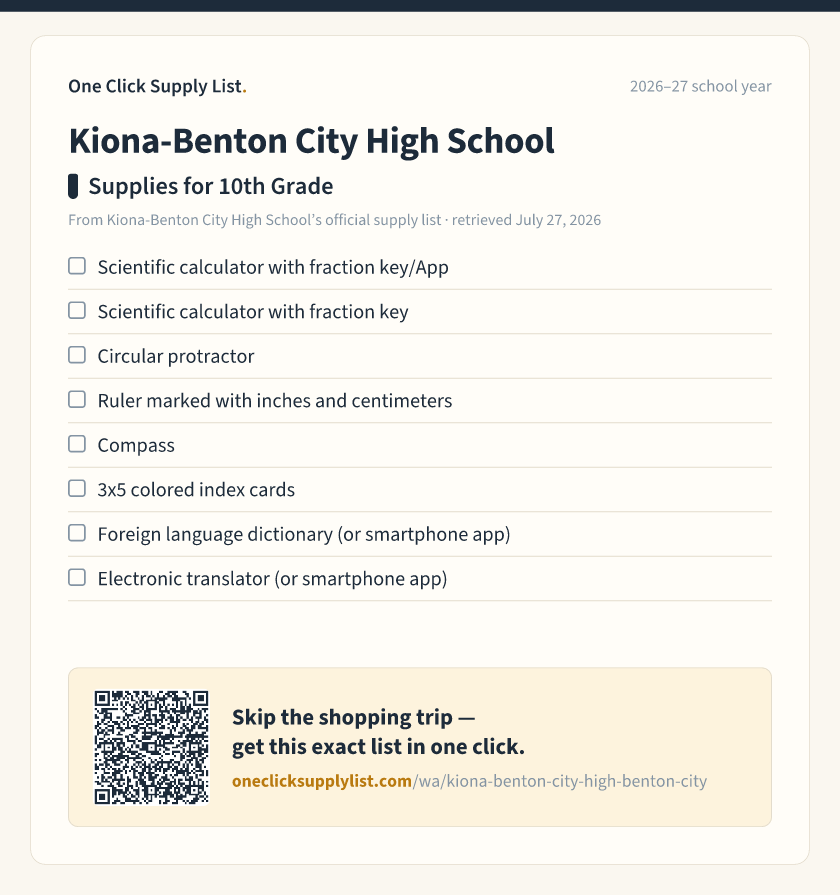Kiona-Benton City High School Supplies for 10th Grade supply list — printable image