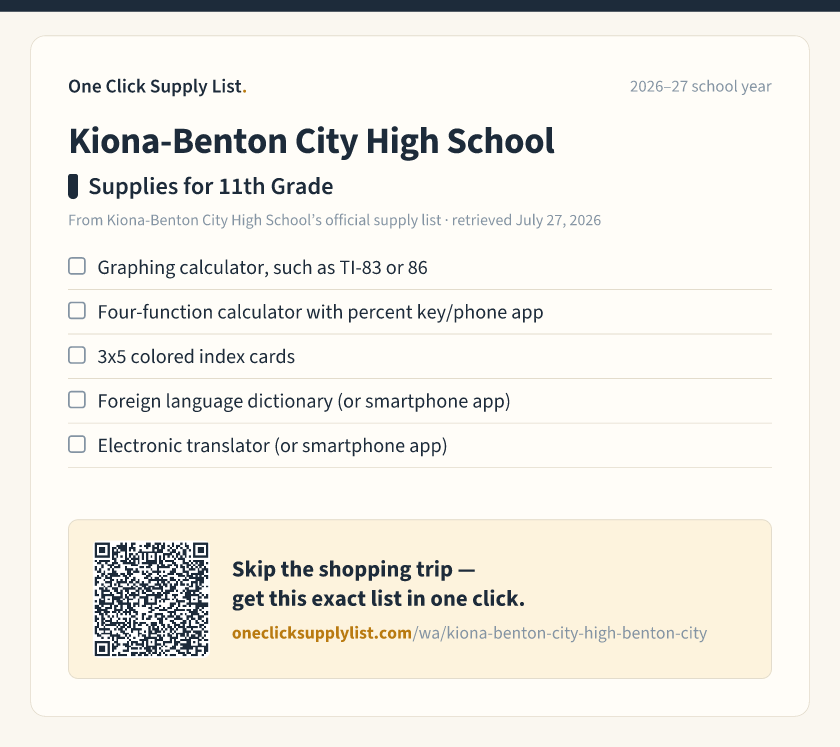 Kiona-Benton City High School Supplies for 11th Grade supply list — printable image