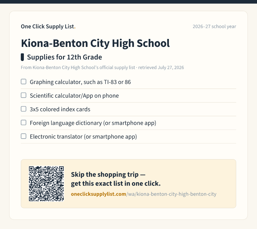 Kiona-Benton City High School Supplies for 12th Grade supply list — printable image