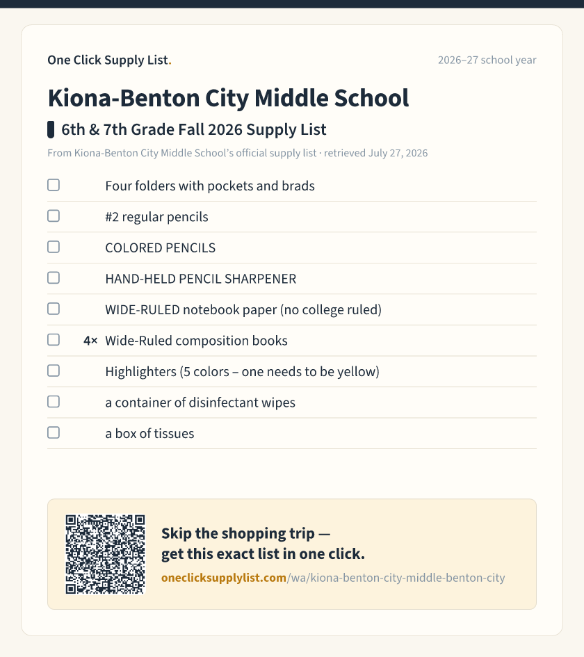 Kiona-Benton City Middle School 6th & 7th Grade Fall 2026 Supply List supply list — printable image