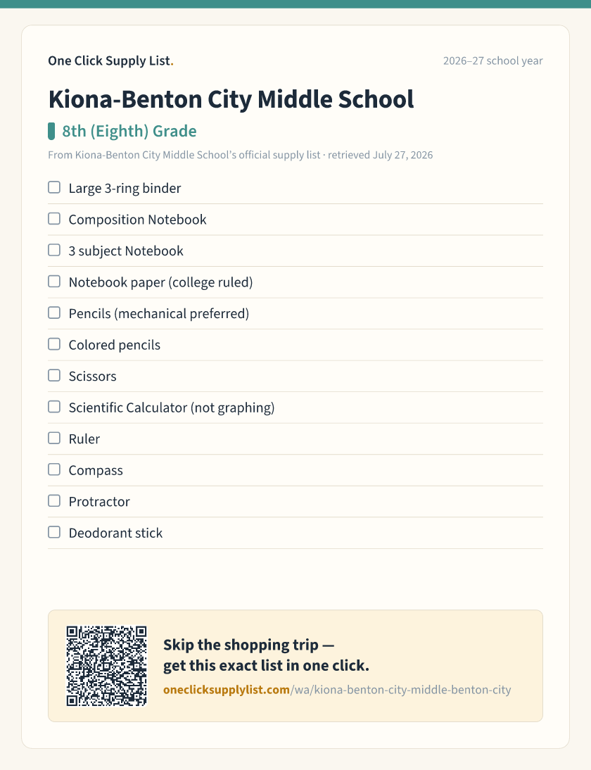 Kiona-Benton City Middle School 8th (Eighth) Grade supply list — printable image