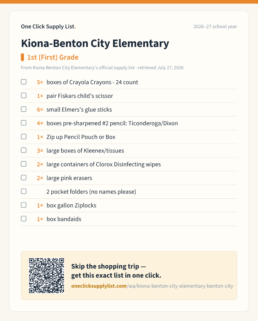 Kiona-Benton City Elementary 1st (First) Grade supply list — printable image