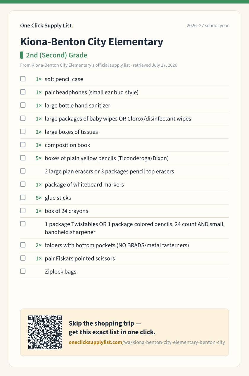 Kiona-Benton City Elementary 2nd (Second) Grade supply list — printable image