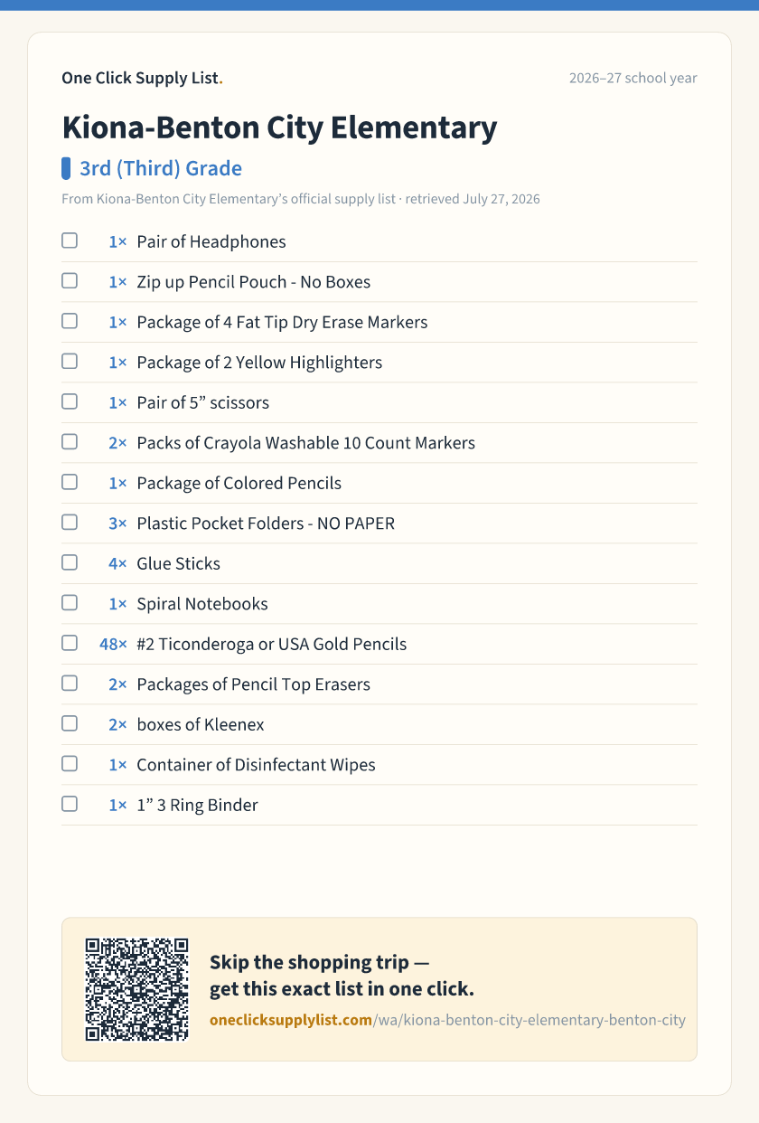 Kiona-Benton City Elementary 3rd (Third) Grade supply list — printable image