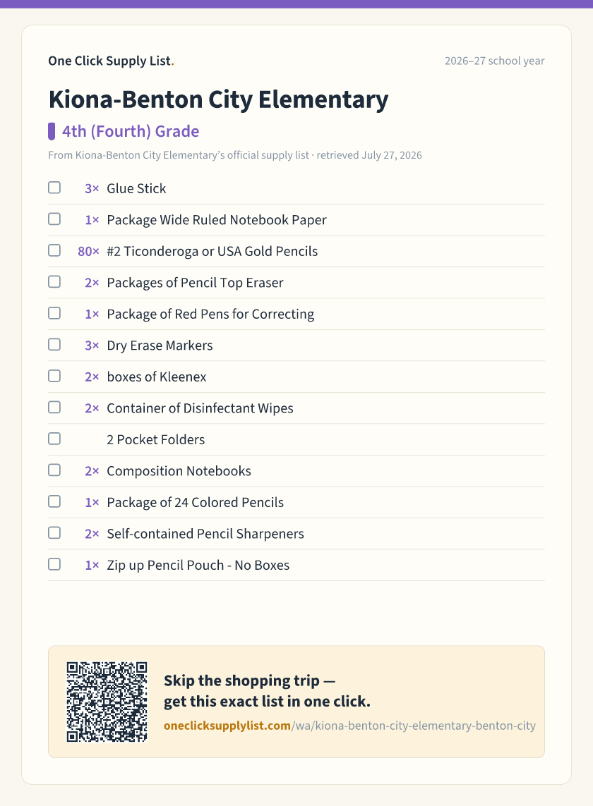 Kiona-Benton City Elementary 4th (Fourth) Grade supply list — printable image