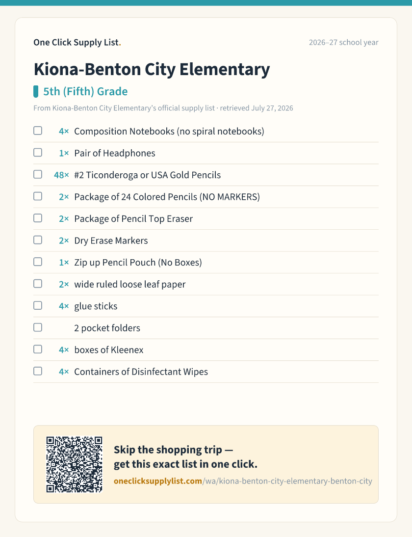 Kiona-Benton City Elementary 5th (Fifth) Grade supply list — printable image