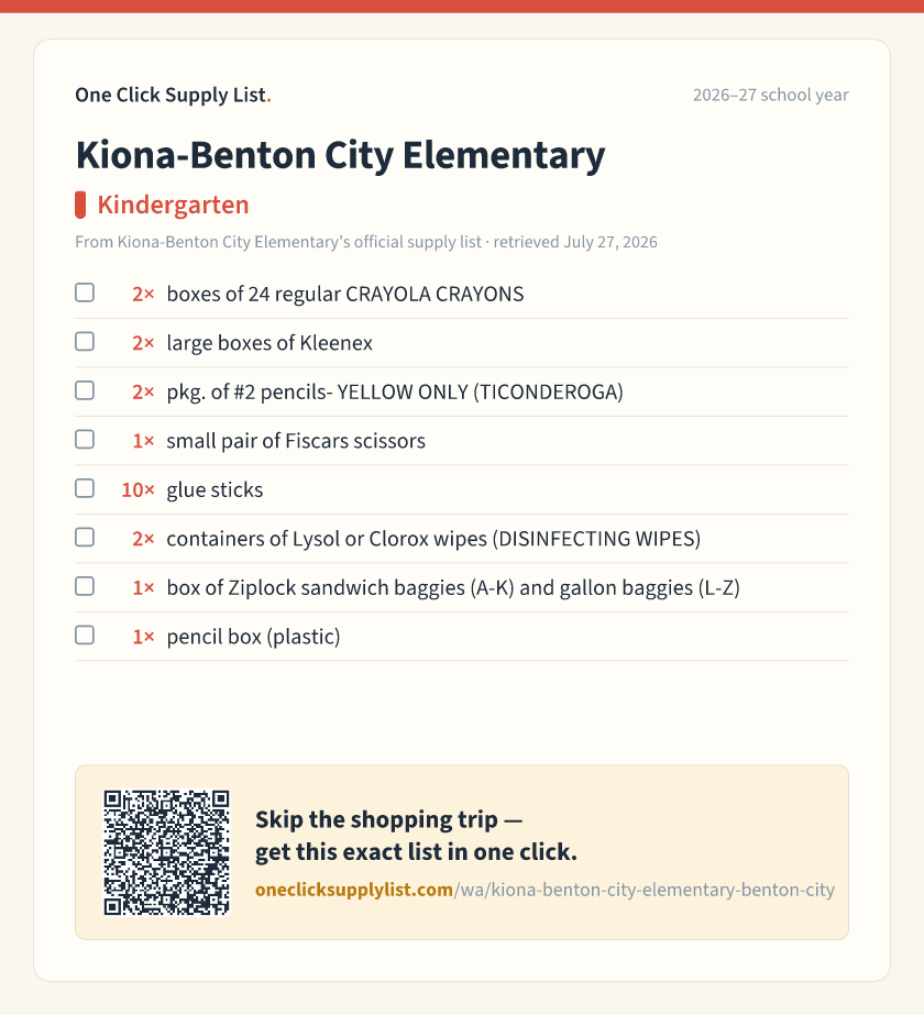 Kiona-Benton City Elementary Kindergarten supply list — printable image