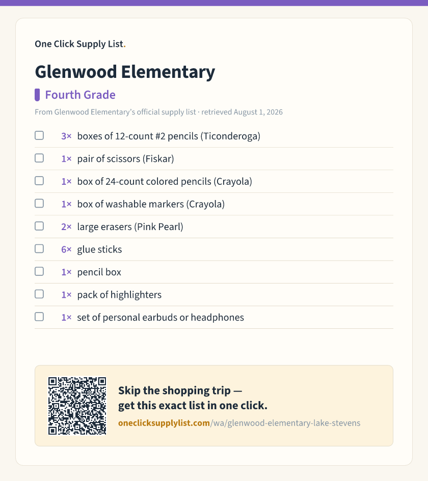 Glenwood Elementary Fourth Grade supply list — printable image