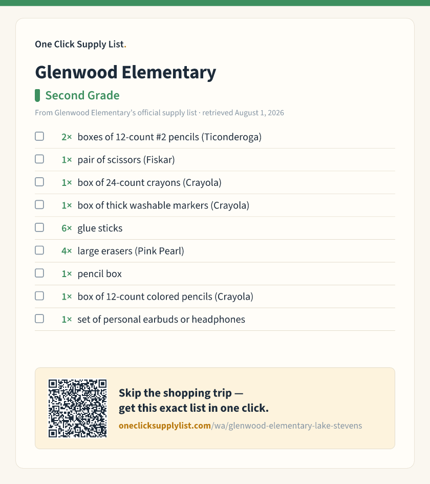 Glenwood Elementary Second Grade supply list — printable image