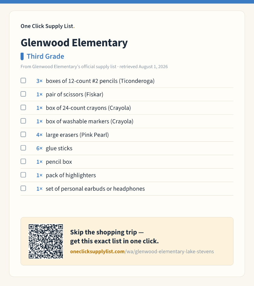 Glenwood Elementary Third Grade supply list — printable image